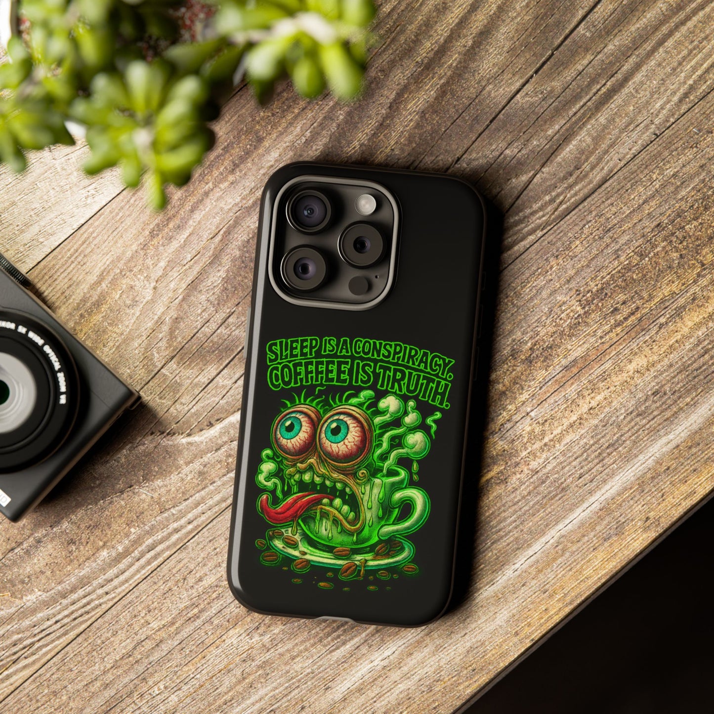 Phone Case — “Sleep Is a Conspiracy, Coffee Is Truth” Retro Monster Design