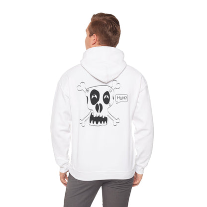 Skull & Crossbones 'Huh?' Hoodie – Edgy Cartoon Skull Back Graphic Sweatshirt