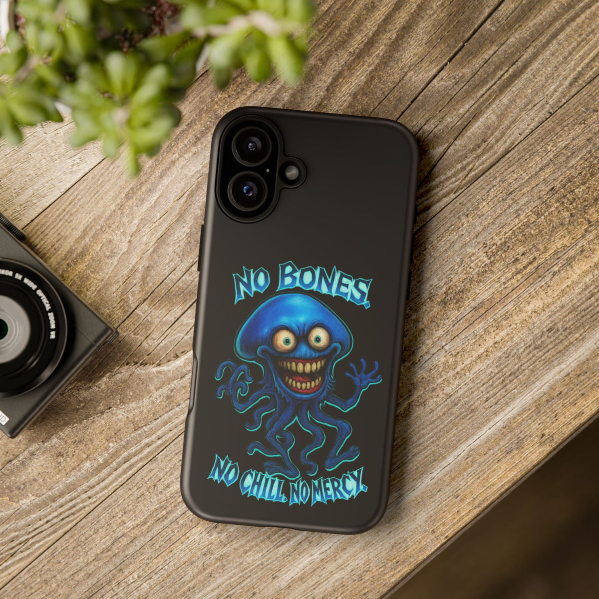 Phone Case — 'No Bones, No Chill, No Mercy' Blue Jellyfish Horror Design