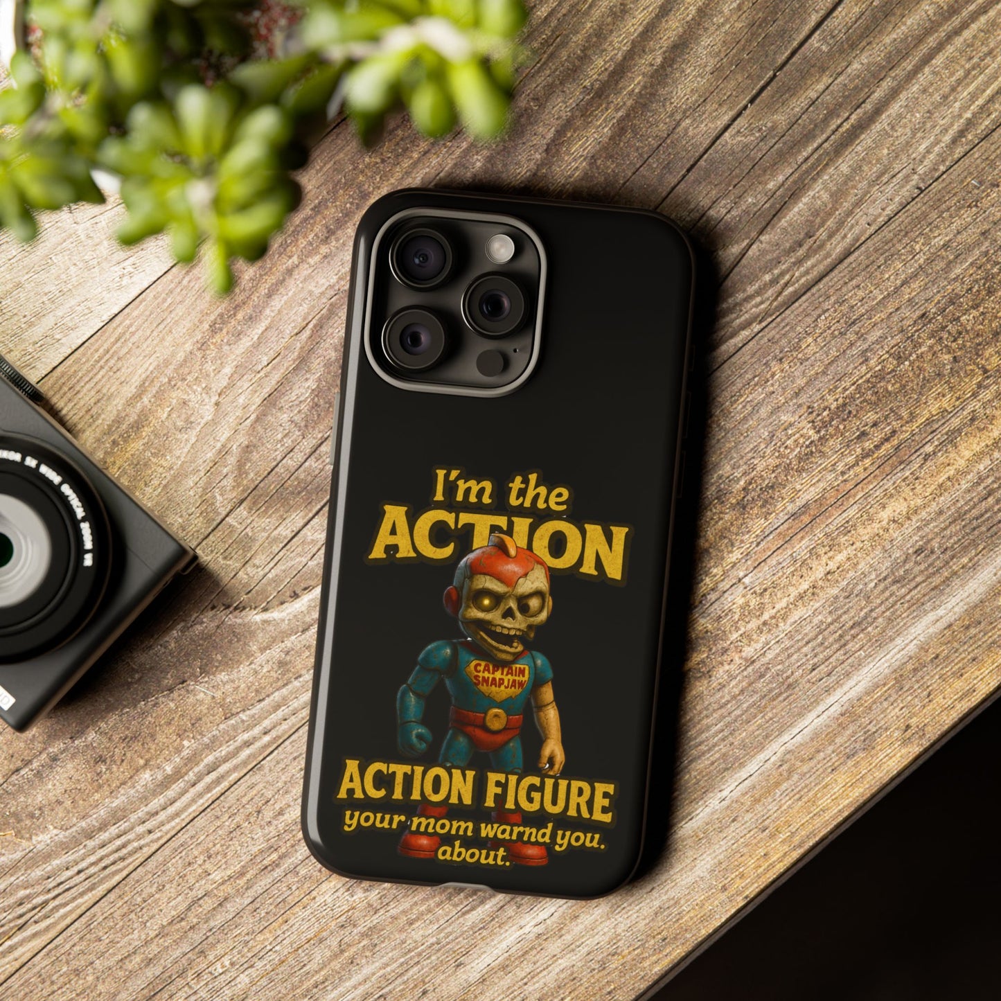 Action Figure Phone Case — "I'm the Action" Retro Skull Toy Design