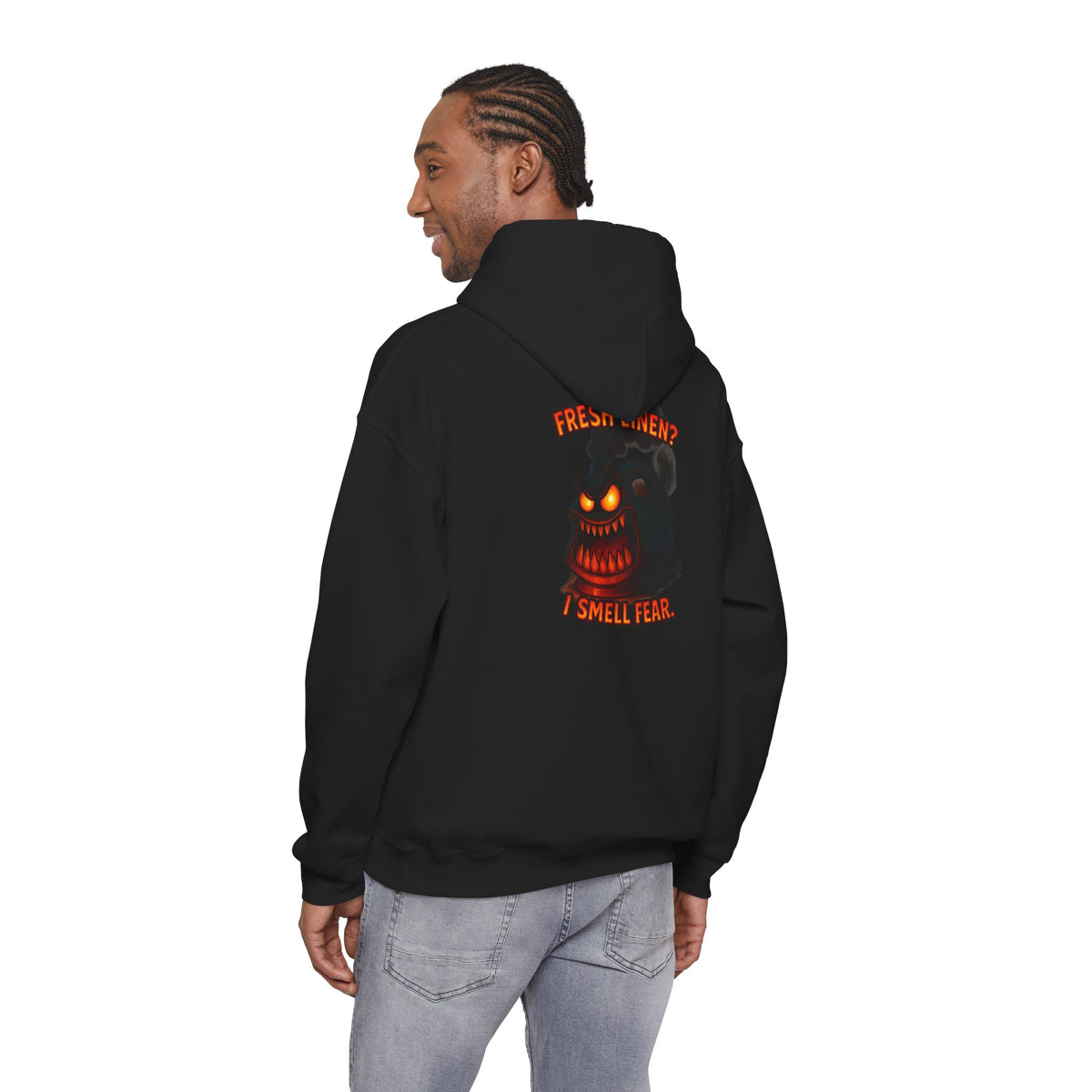 Horror Hoodie — 'Freshly Blended I Smell Fear' Graphic Back Sweatshirt