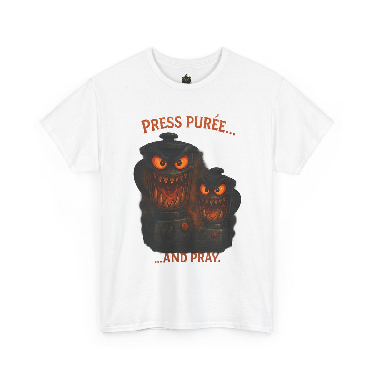 Halloween Pumpkin Tee - "Press Purée... and Pray" Spooky Jack-O'-Lantern T-Shirt