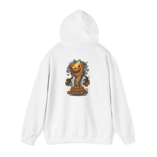 Halloween Pumpkin Monster Hoodie — 'Stapled, Stapfathered, Annihilated' Graphic Back Print