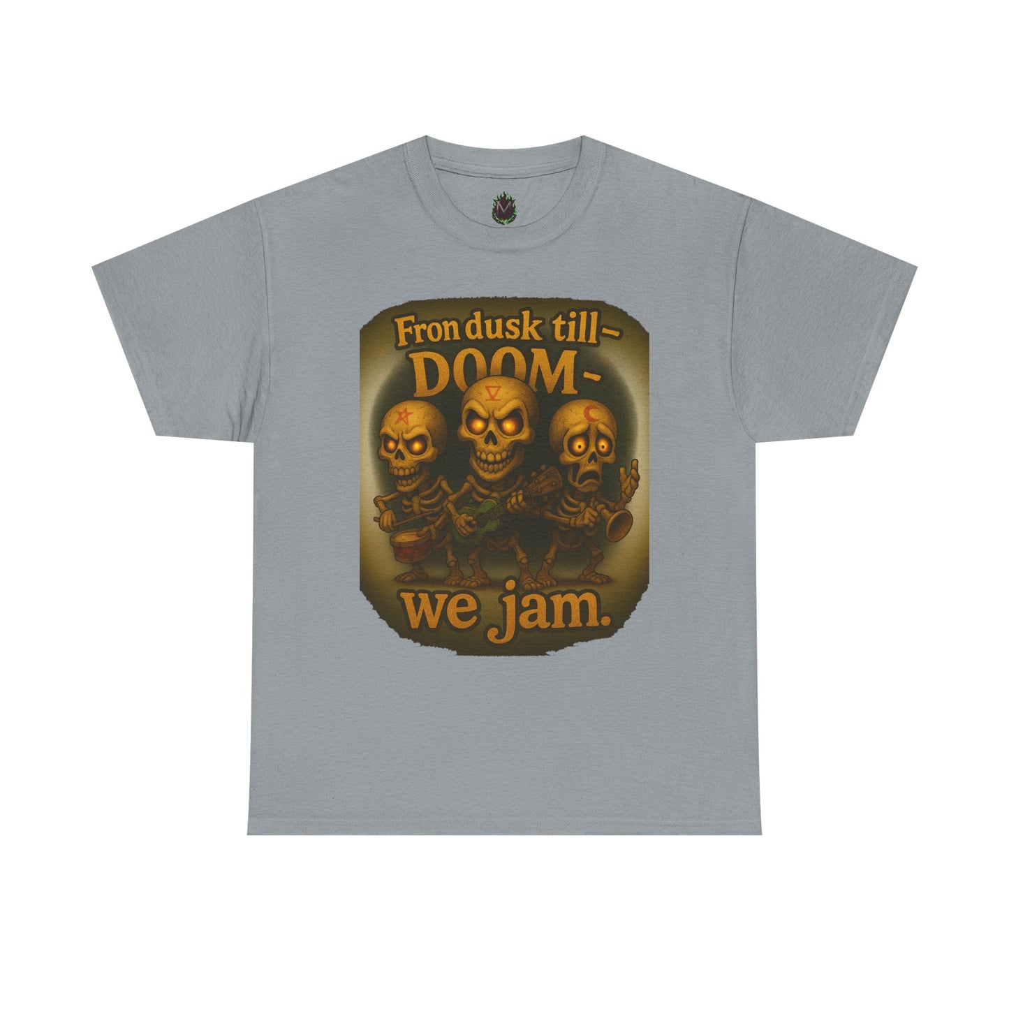 T-Shirt — "From Dusk Till Doom We Jam" Skull Band Graphic Tee
