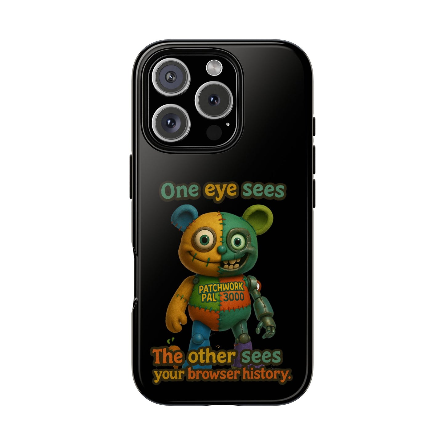 Phone Case — 'One Eye Sees, The Other Sees Your Browser History' Patchwork Bear Design