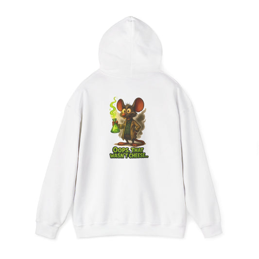 Chemistry Mouse Hoodie — "Oops, That Wasn't Cheese" Cute Scientist Graphic