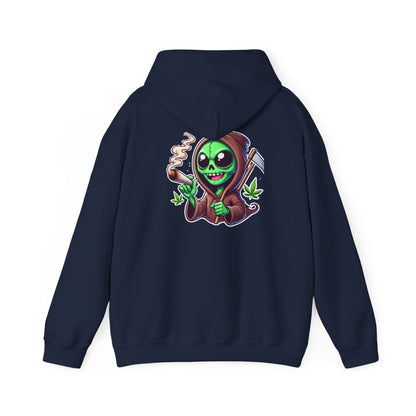 Reaper Alien Hoodie – Cute Green Grim Reaper Smoking Cartoon Graphic Hooded Sweatshirt