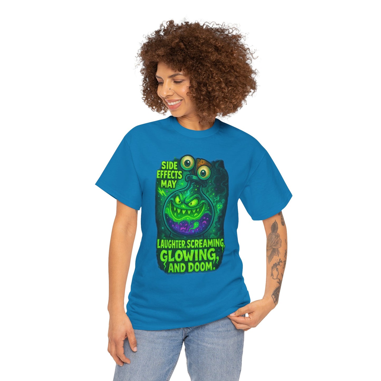 T-Shirt — "Side Effects May Include: Laughter, Screaming, Glowing, and Doom" Neon Monster Graphic
