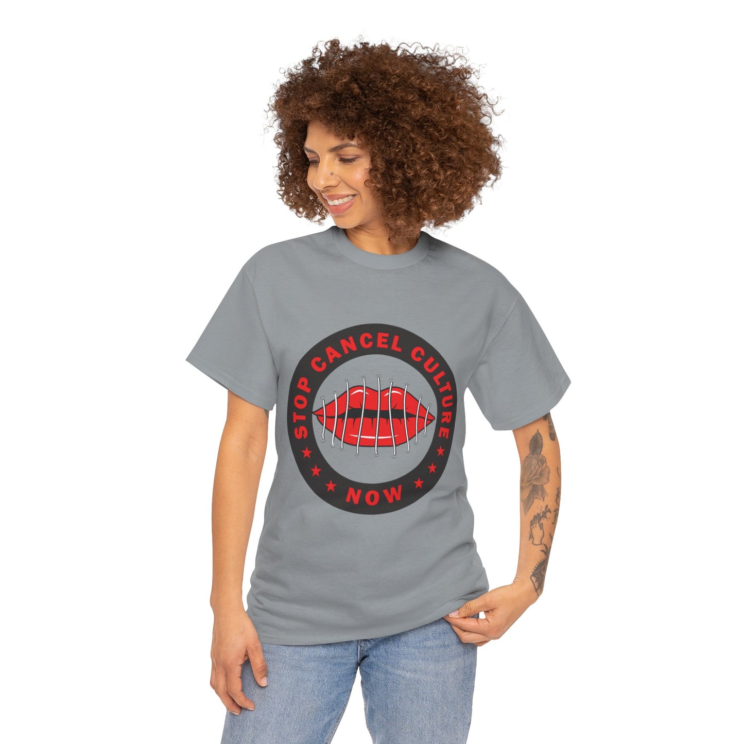 Stop Cancel Culture Now – Free Speech Tee (Barred Lips Design)