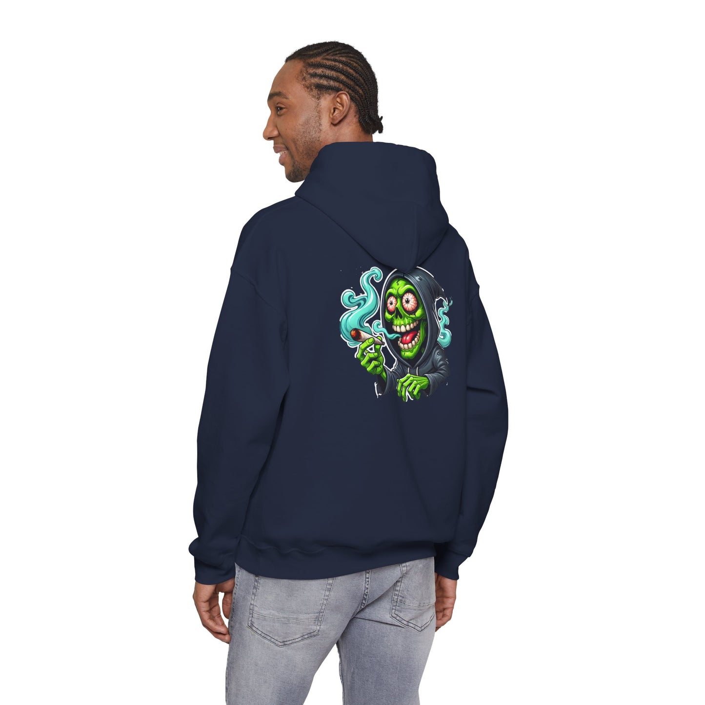 Grinning Reaper Hooded Sweatshirt – Spooky Green Skull Smoking Hoodie