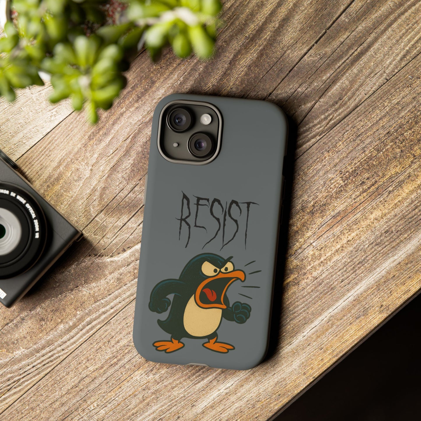 Resist Angry Penguin Phone Case — Protective iPhone Case with Bold Cartoon Design