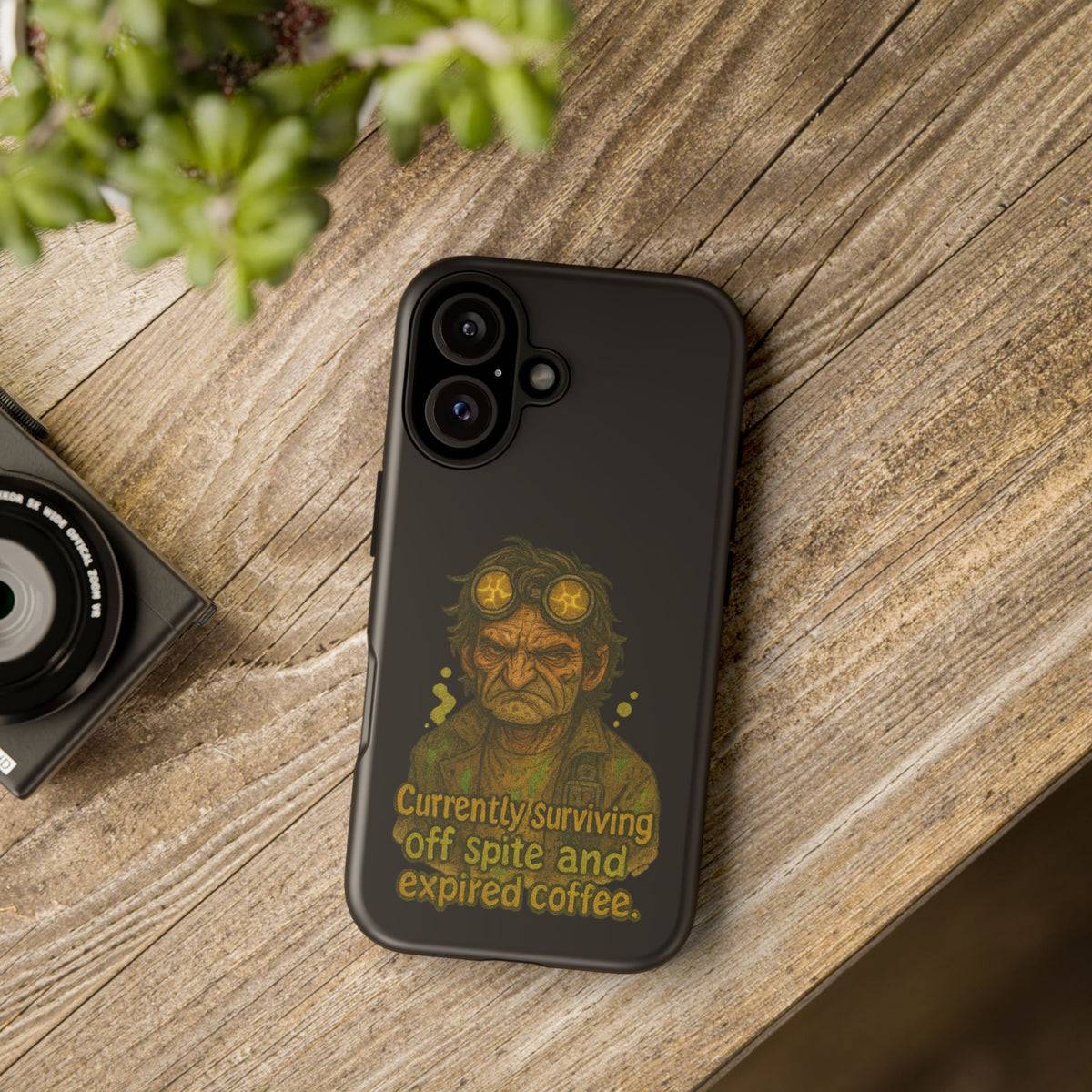 Phone Case — "Currently Surviving Off Spite and Expired Coffee" Vintage Grumpy Design