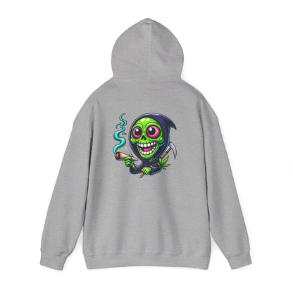 Grinning Green Grim Reaper Hoodie - Cute Creepy Smoking Skull Graphic Sweatshirt