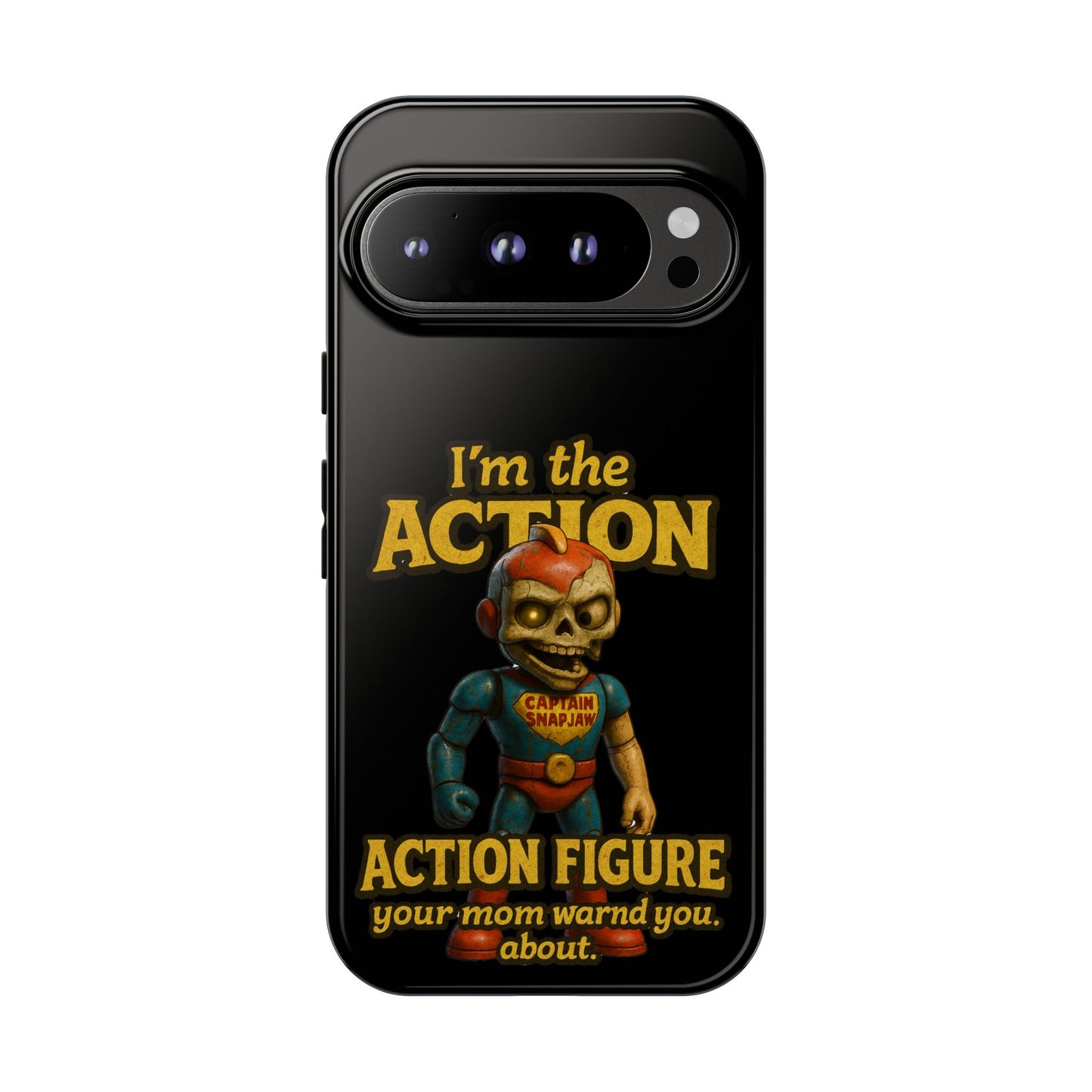 Action Figure Phone Case — "I'm the Action" Retro Skull Toy Design