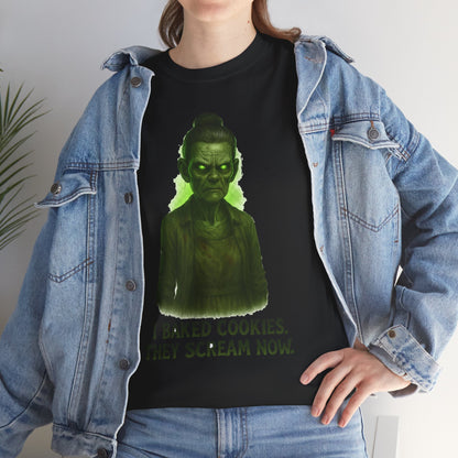 Creepy Green Girl Illustration T-Shirt | I Baked Cookies They Scream Now