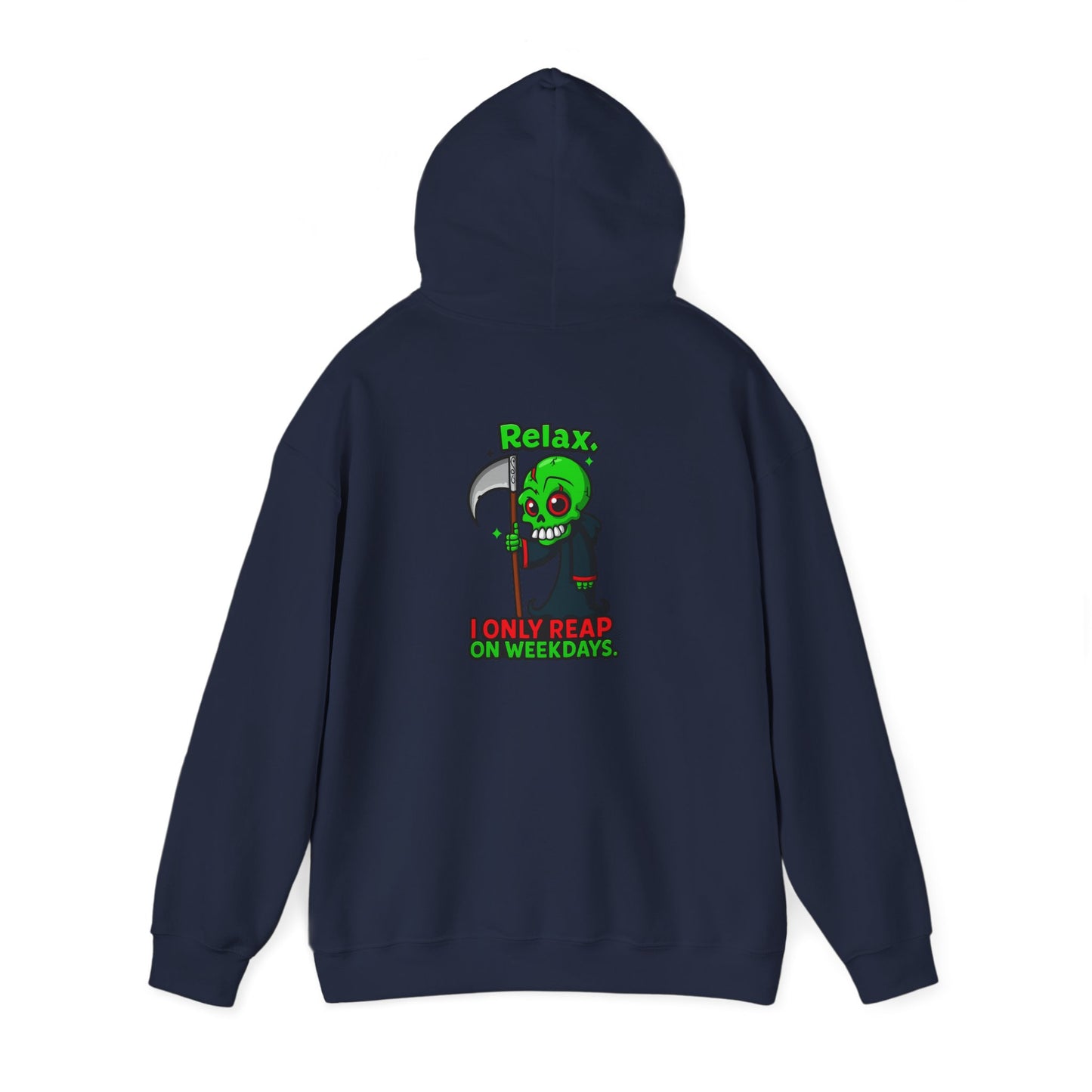 Grim Reaper Cartoon Hoodie — "I Only Read on Weekdays" Graphic Pullover