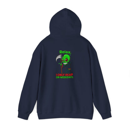 Grim Reaper Cartoon Hoodie — "I Only Read on Weekdays" Graphic Pullover
