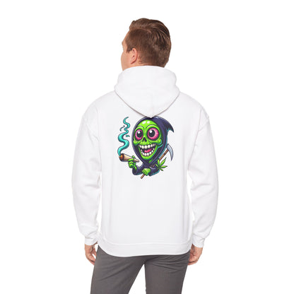 Grinning Green Grim Reaper Hoodie - Cute Creepy Smoking Skull Graphic Sweatshirt