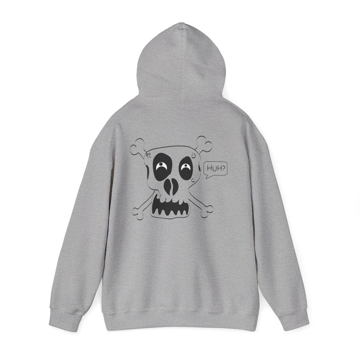 Skull & Crossbones 'Huh?' Hoodie – Edgy Cartoon Skull Back Graphic Sweatshirt