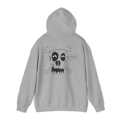 Skull & Crossbones 'Huh?' Hoodie – Edgy Cartoon Skull Back Graphic Sweatshirt