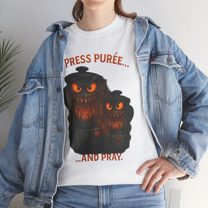 Halloween Pumpkin Tee - "Press Purée... and Pray" Spooky Jack-O'-Lantern T-Shirt