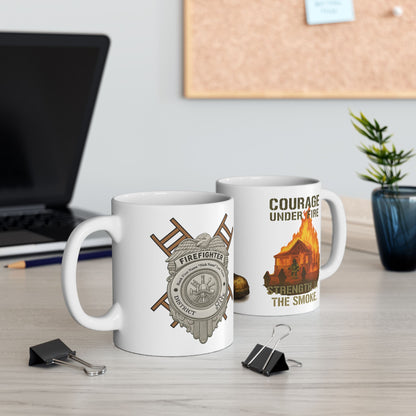 Courage Under Fire – Strength in the Smoke Firefighter Mug