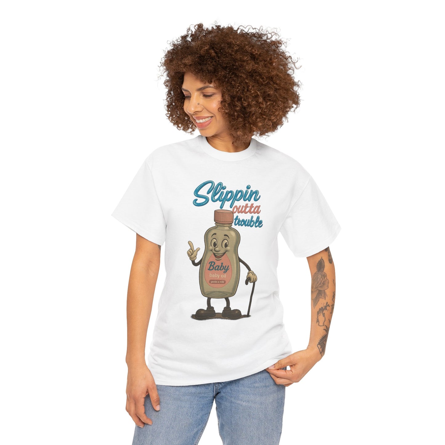 Slippin' Outta Trouble – Funny Baby Oil Cartoon T-Shirt
