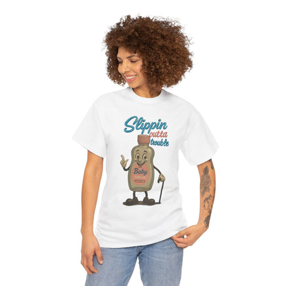 Slippin' Outta Trouble – Funny Baby Oil Cartoon T-Shirt