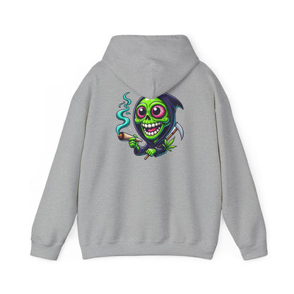 Grinning Green Grim Reaper Hoodie - Cute Creepy Smoking Skull Graphic Sweatshirt