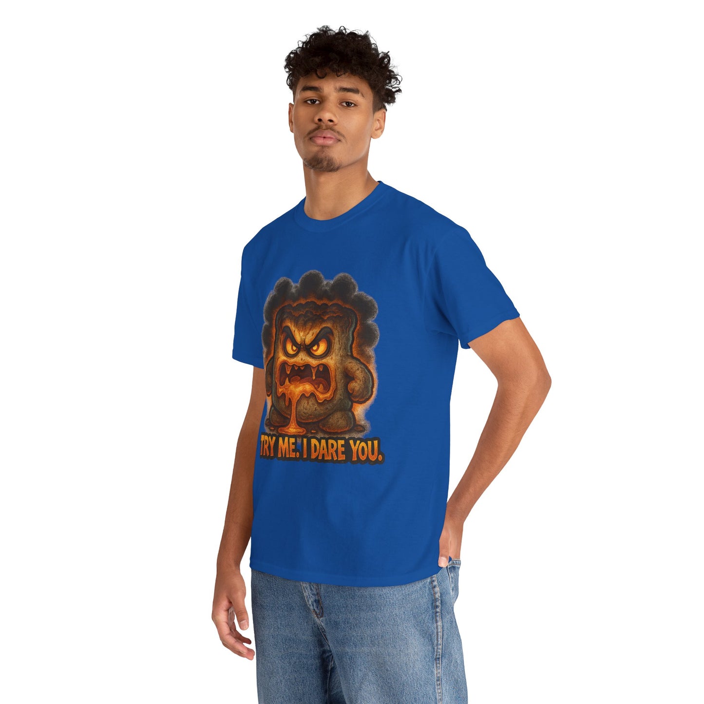 Graphic Tee — Fiery Toast 'Try Me, I Dare You' Cartoon Shirt
