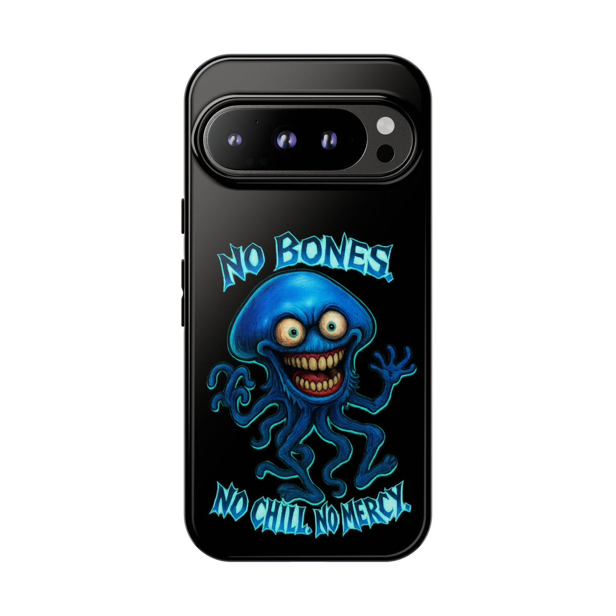 Phone Case — 'No Bones, No Chill, No Mercy' Blue Jellyfish Horror Design