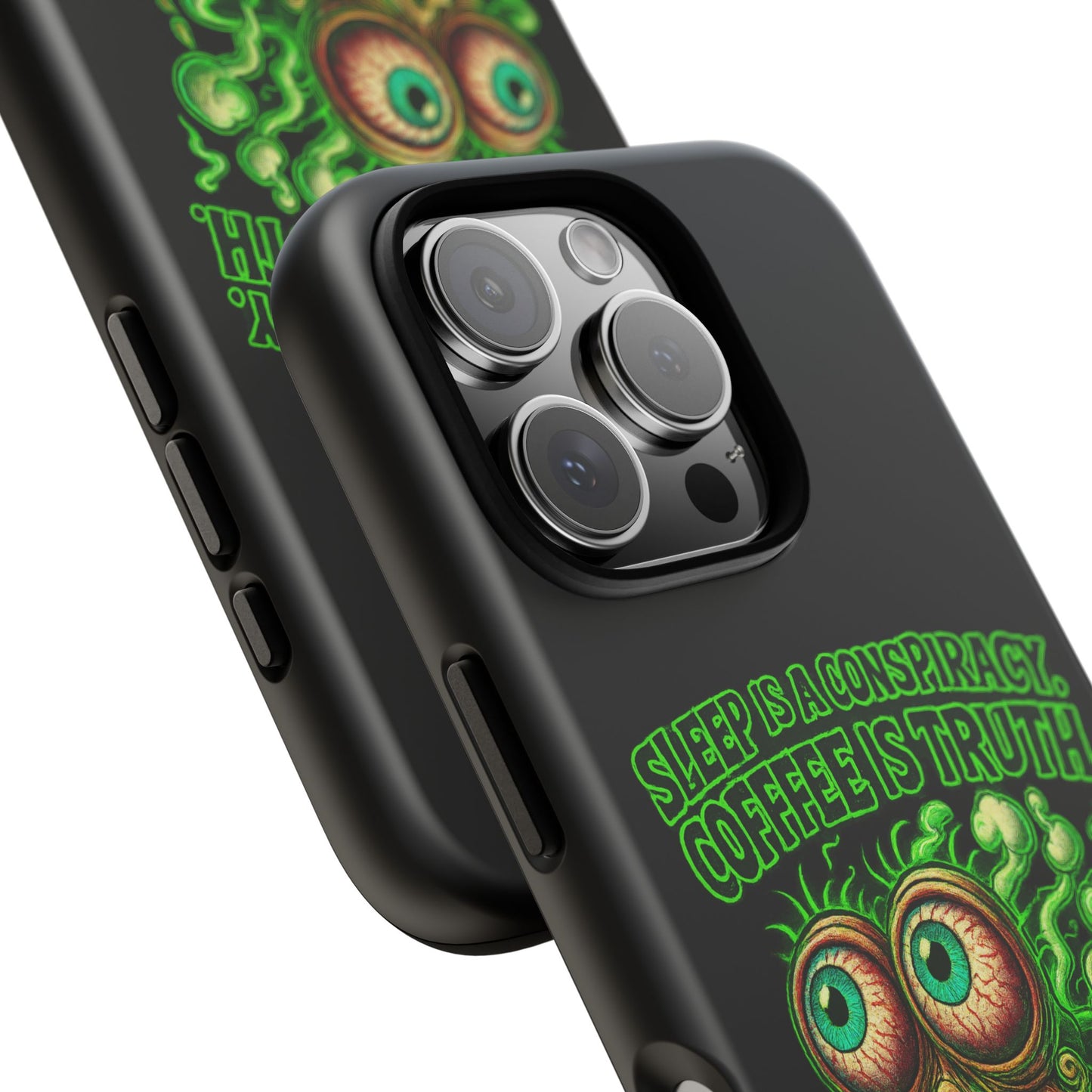 Phone Case — “Sleep Is a Conspiracy, Coffee Is Truth” Retro Monster Design