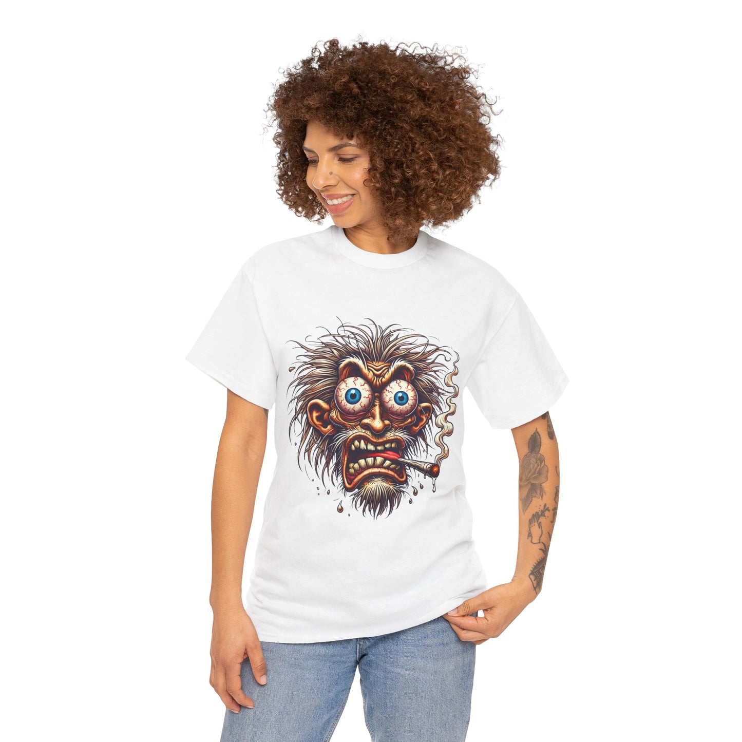 Graphic Tee — Wild-eyed Grinning Monster Head Smoking Cigarette Shirt
