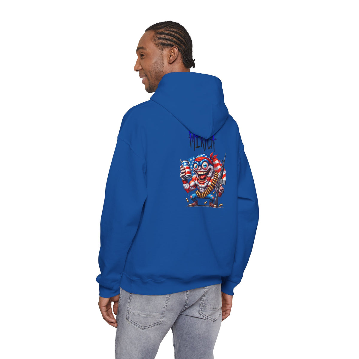 Patriotic Retro Hoodie — American Flag Skull Character Back Graphic