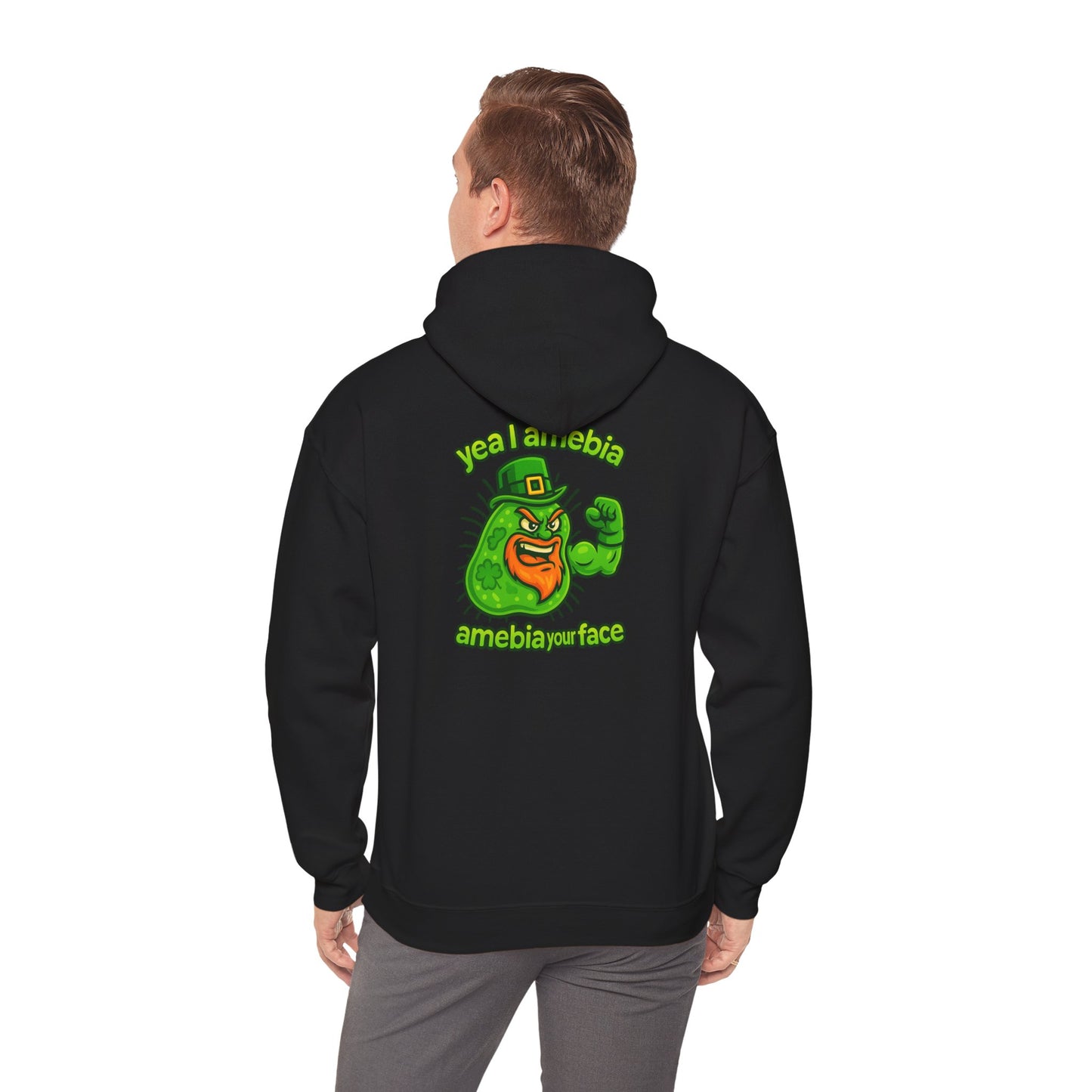 Amebiavirus St. Patrick's Day Hoodie — Funny Green Germ Mascot with 'yea bia amebiavirusface' Text