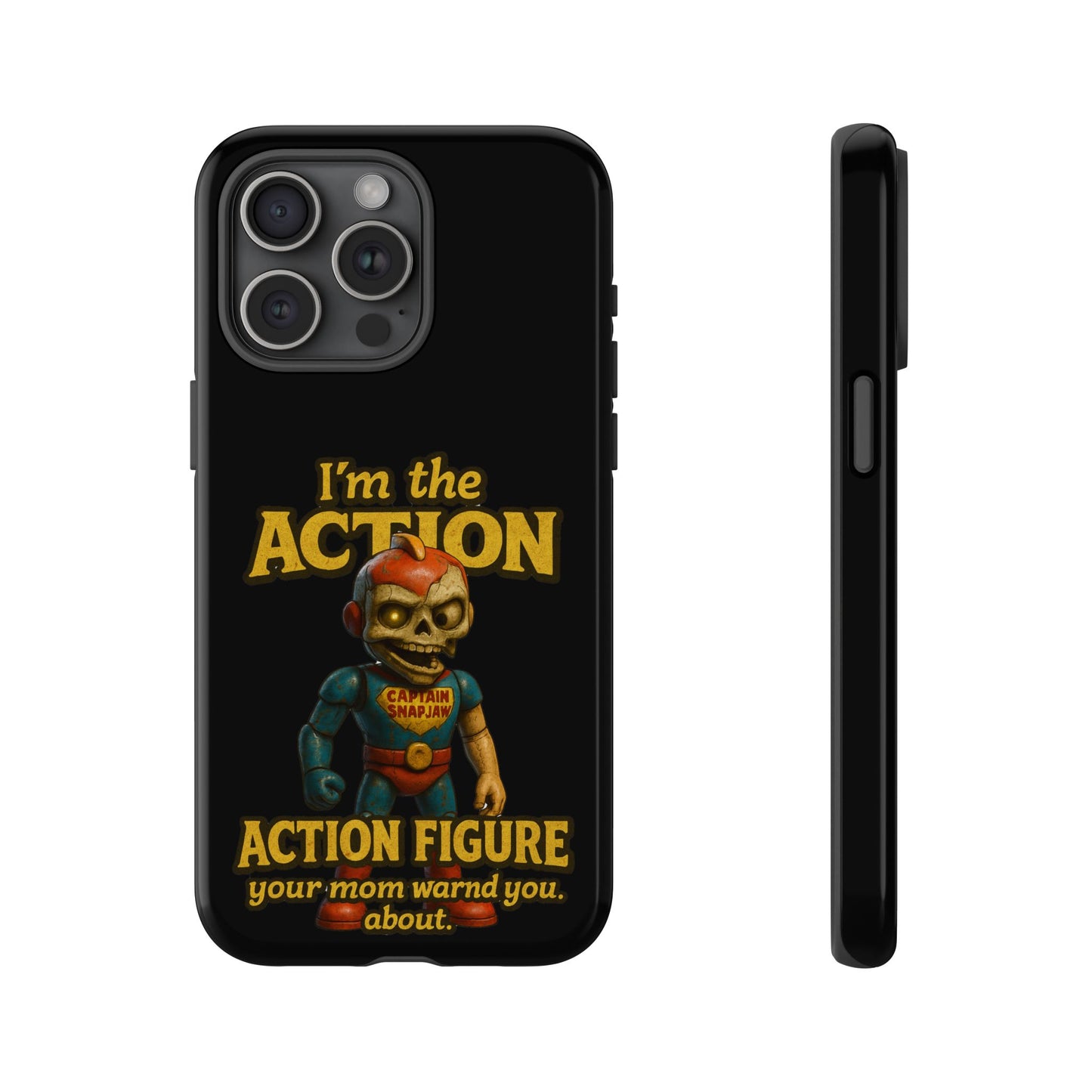 Action Figure Phone Case — "I'm the Action" Retro Skull Toy Design