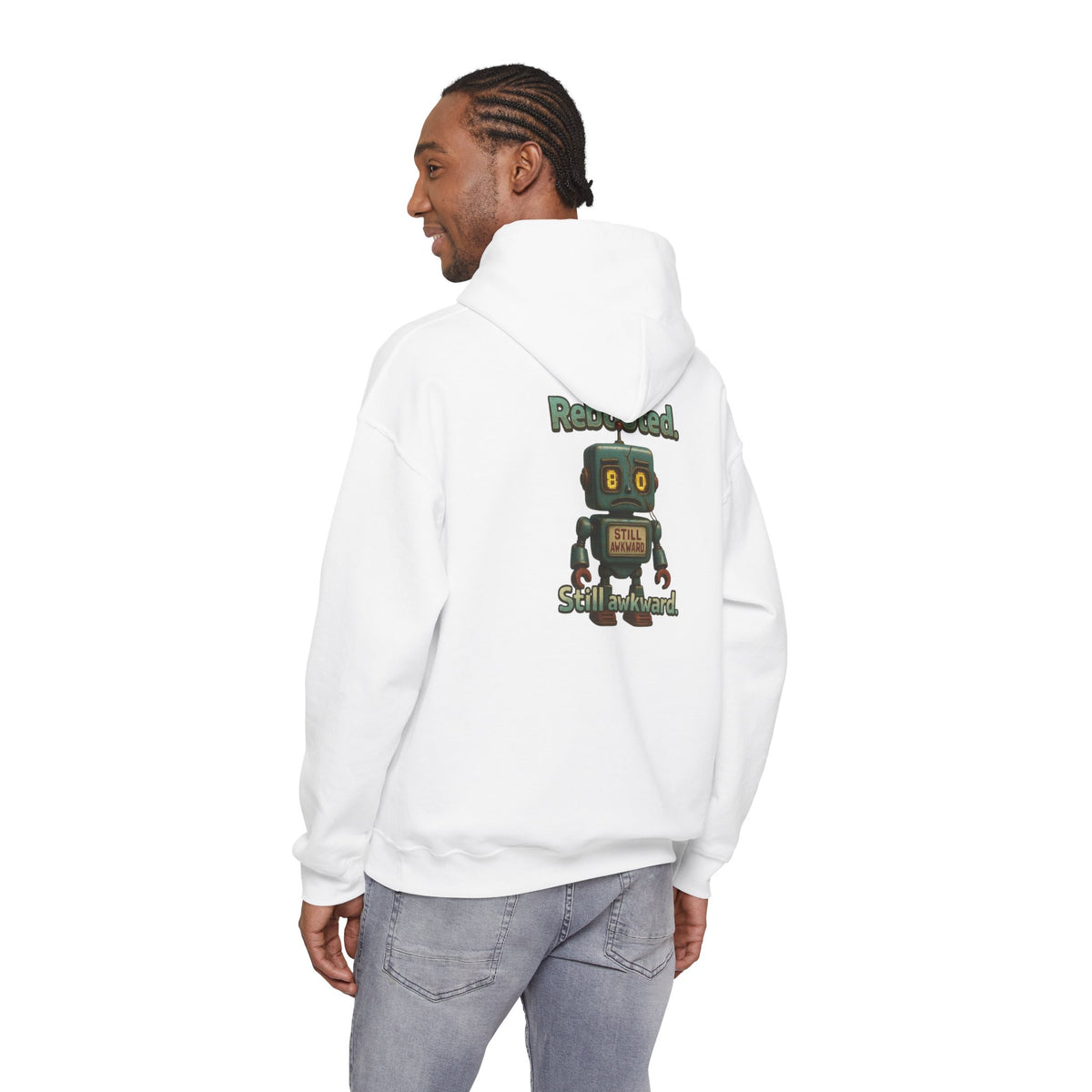 Robot Graphic Hoodie — "Rebooted. Socially Awkward." Retro Cute Robot Back Print