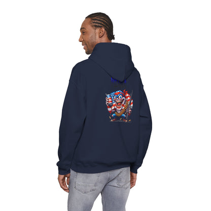 Patriotic Retro Hoodie — American Flag Skull Character Back Graphic