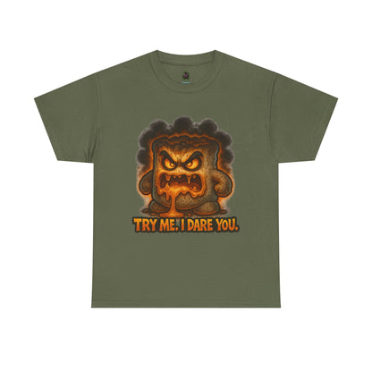 Graphic Tee — Fiery Toast 'Try Me, I Dare You' Cartoon Shirt