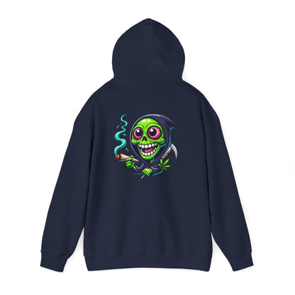Grinning Green Grim Reaper Hoodie - Cute Creepy Smoking Skull Graphic Sweatshirt