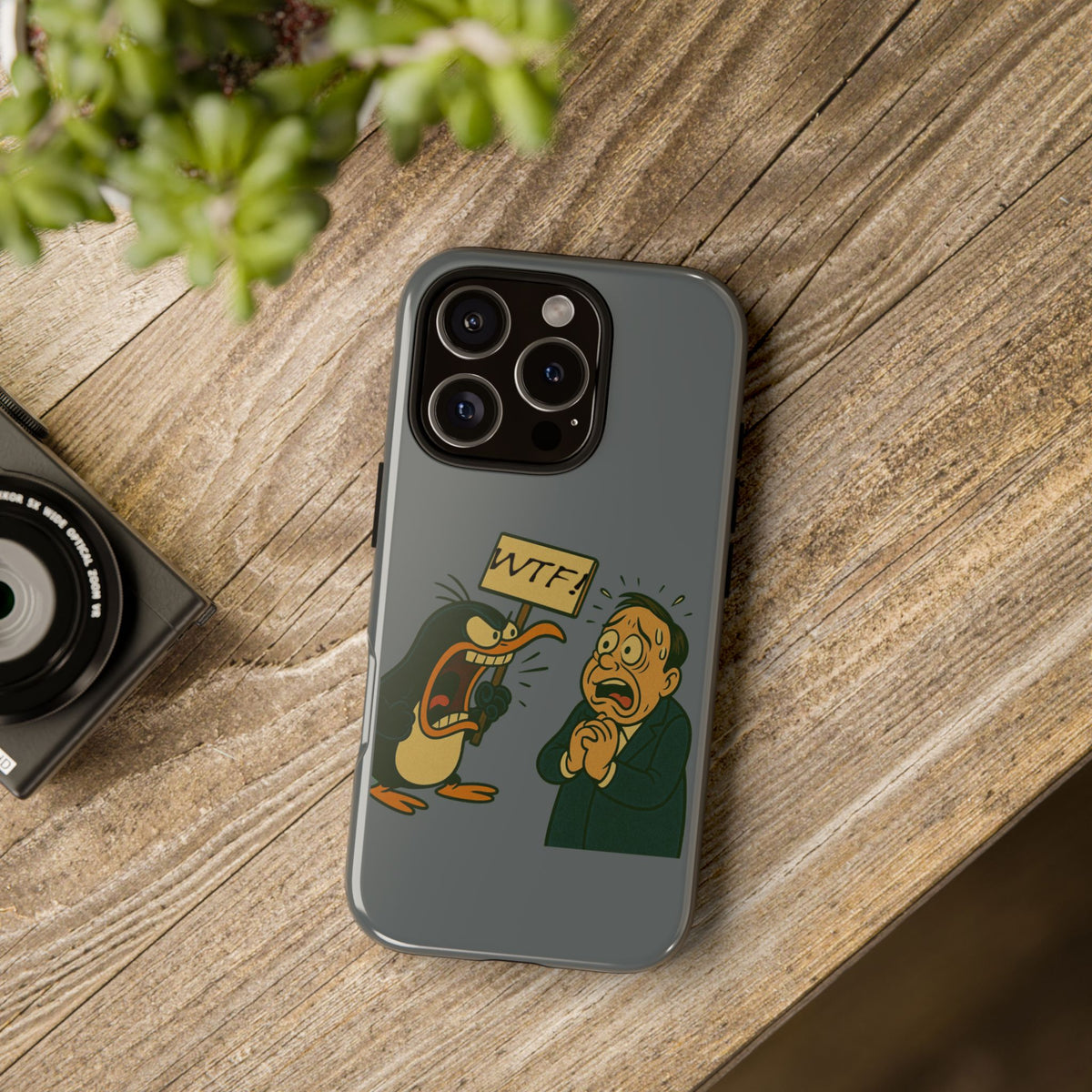 Phone Case - Cartoon Penguin Yelling 'WTF' at Shocked Man, Funny Protective iPhone Cover