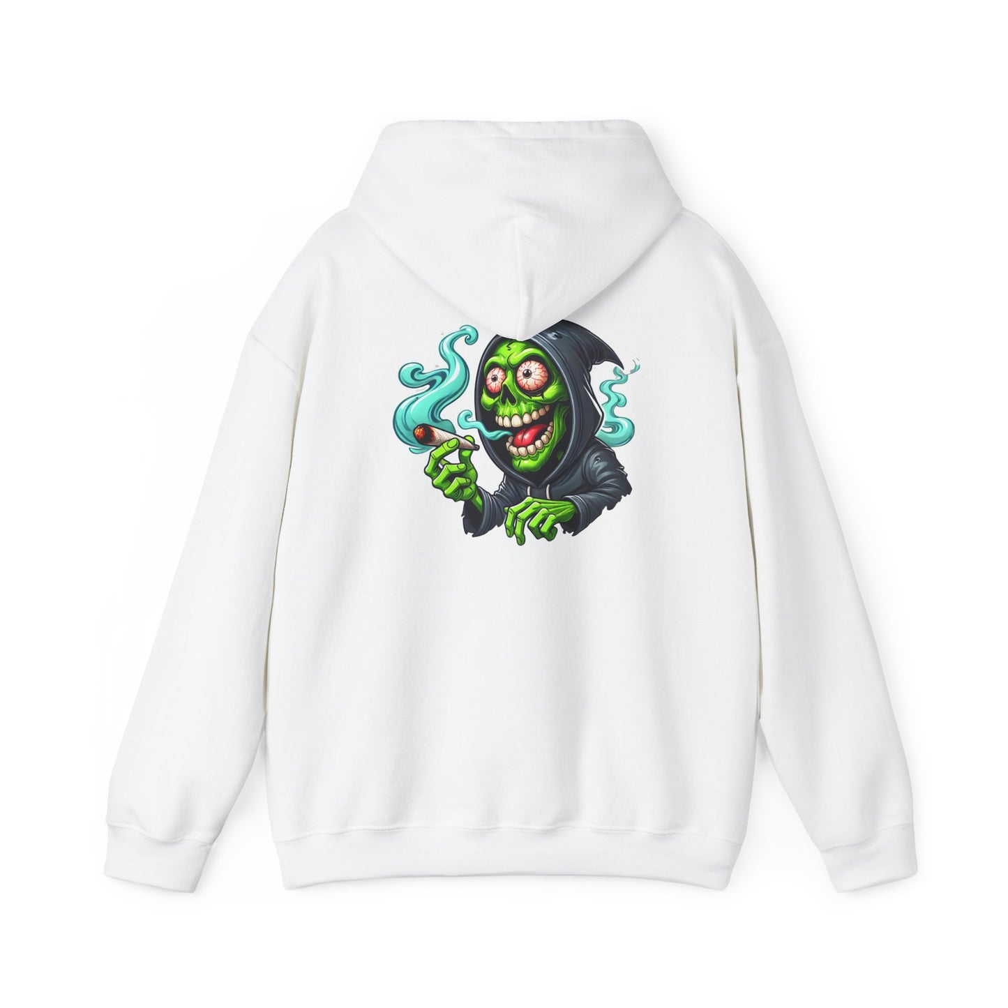 Grinning Reaper Hooded Sweatshirt – Spooky Green Skull Smoking Hoodie