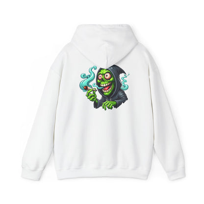 Grinning Reaper Hooded Sweatshirt – Spooky Green Skull Smoking Hoodie