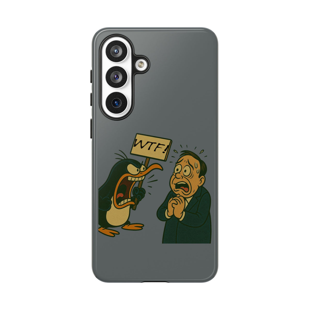 Phone Case - Cartoon Penguin Yelling 'WTF' at Shocked Man, Funny Protective iPhone Cover