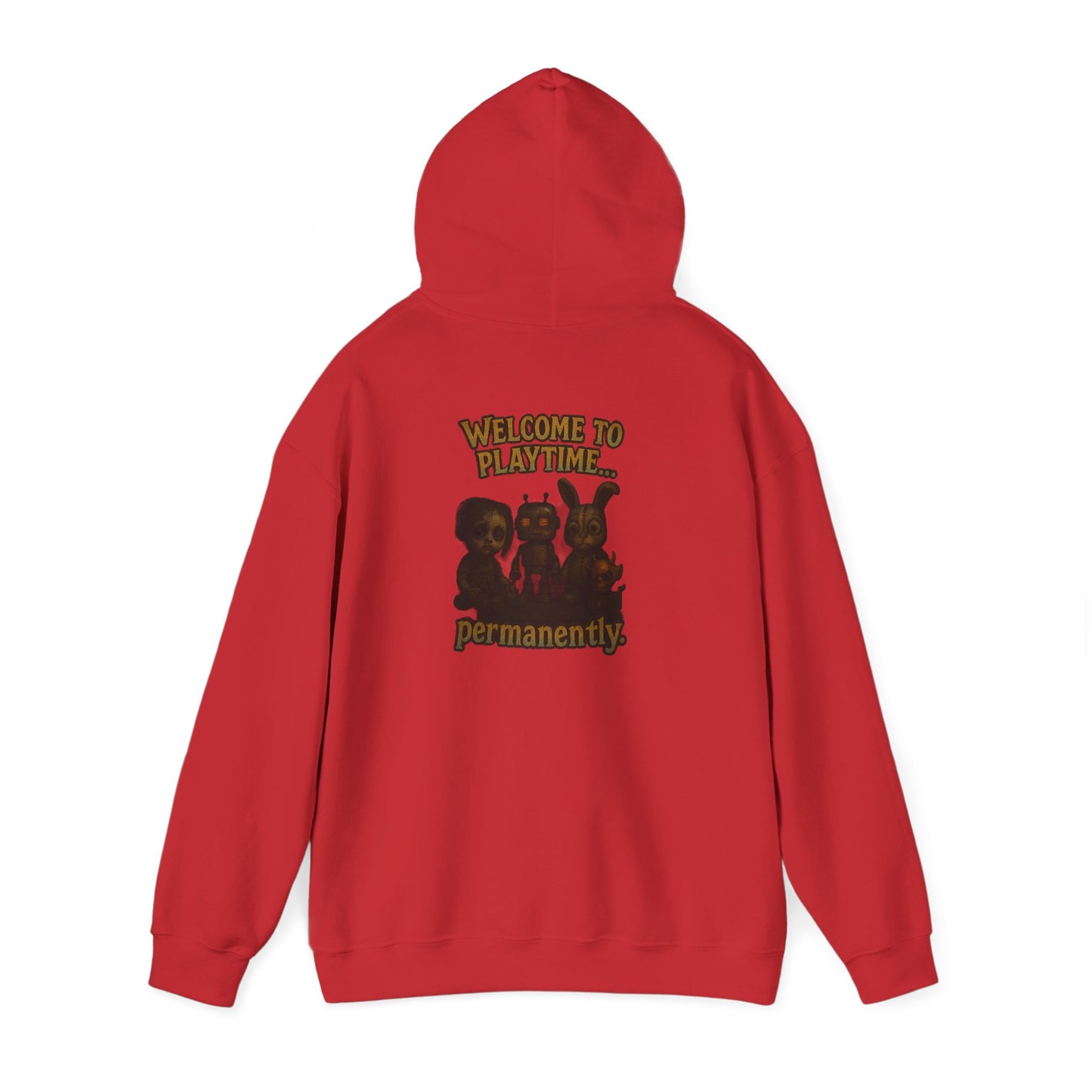 Hoodie — 'Welcome Playtime Permanently' Vintage Horror Character Back Graphic