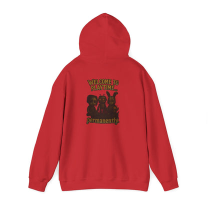 Hoodie — 'Welcome Playtime Permanently' Vintage Horror Character Back Graphic