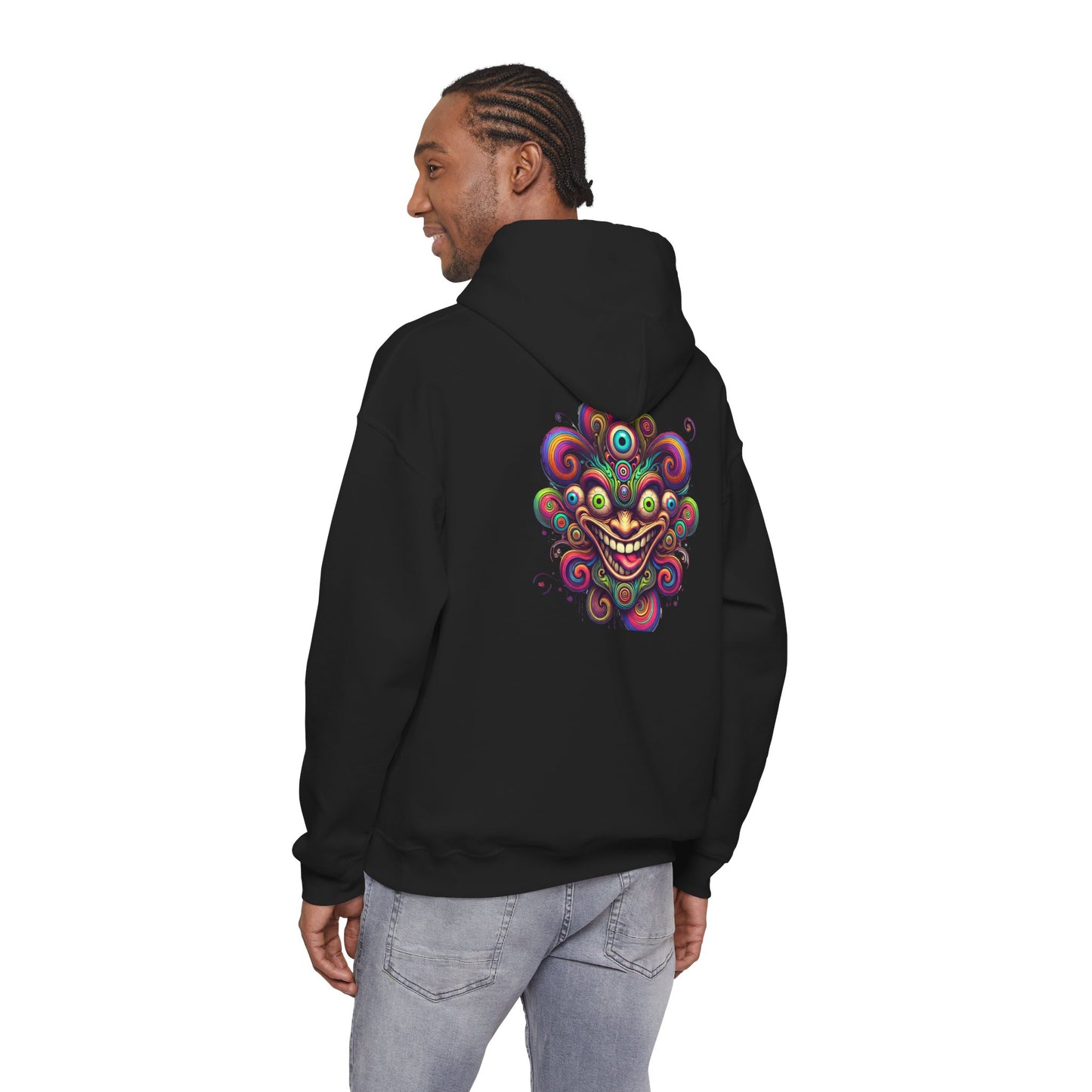 Psychedelic Smiling Jester Hoodie – Colorful Trippy Festival Sweatshirt