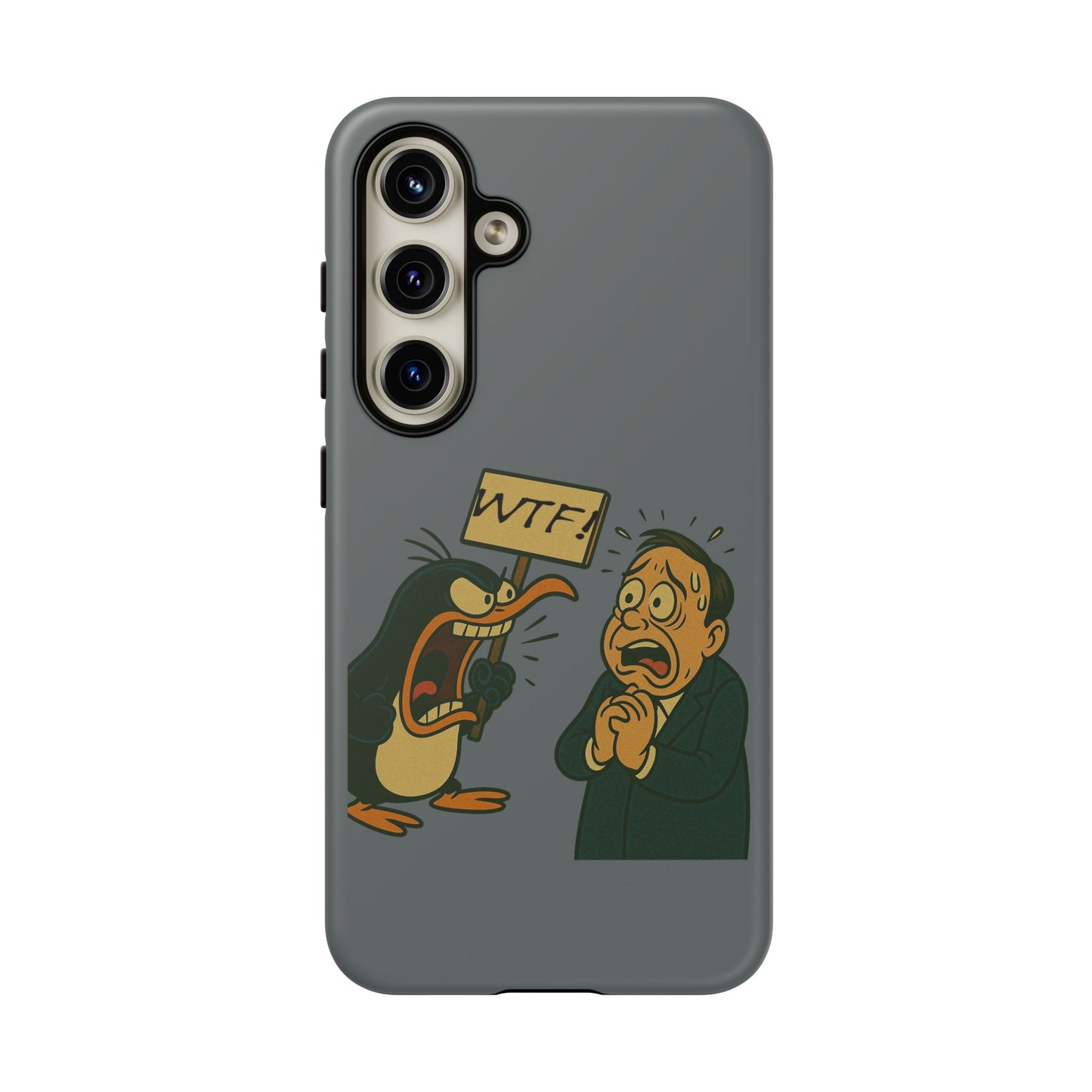 Phone Case - Cartoon Penguin Yelling 'WTF' at Shocked Man, Funny Protective iPhone Cover
