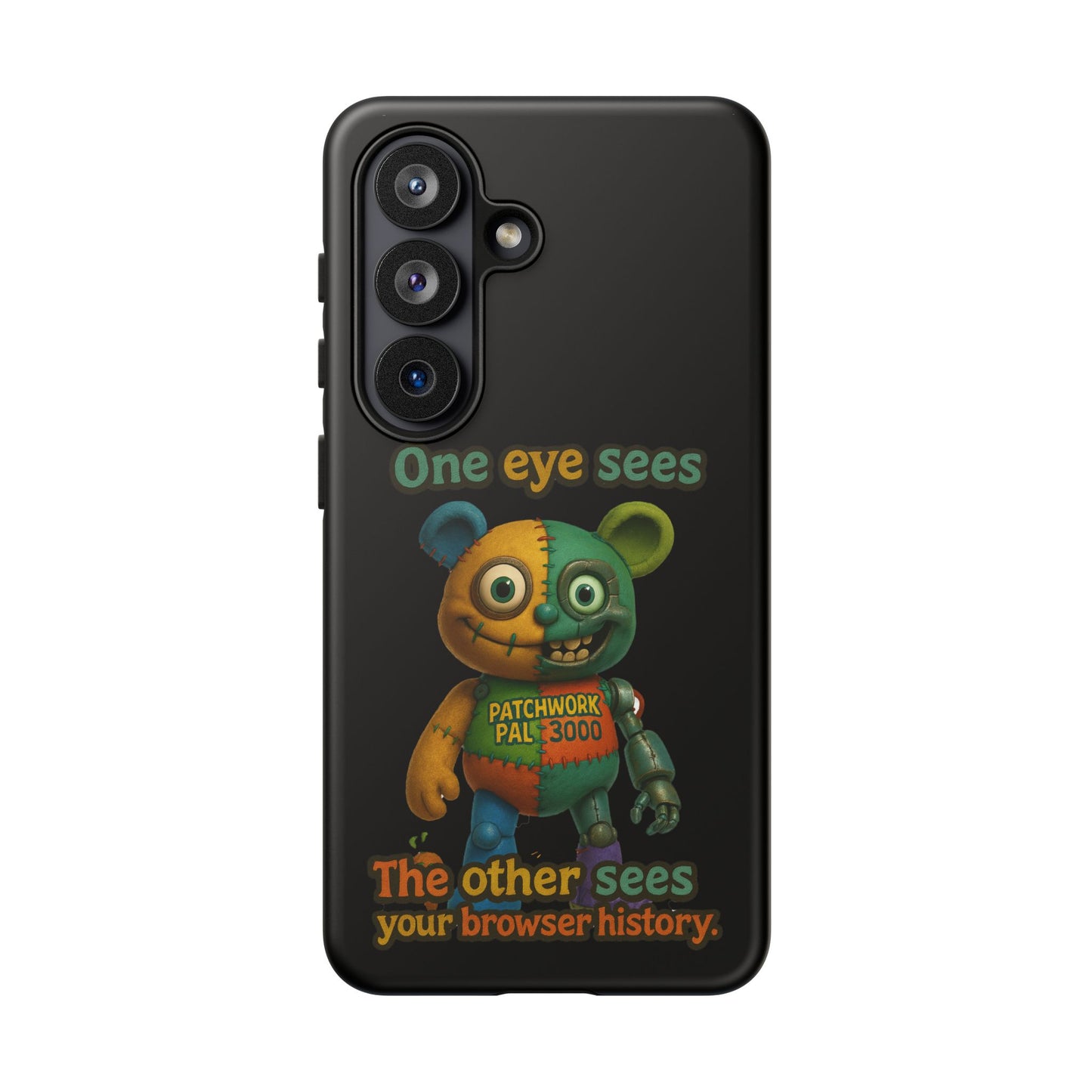 Phone Case — 'One Eye Sees, The Other Sees Your Browser History' Patchwork Bear Design