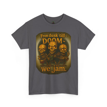 T-Shirt — "From Dusk Till Doom We Jam" Skull Band Graphic Tee